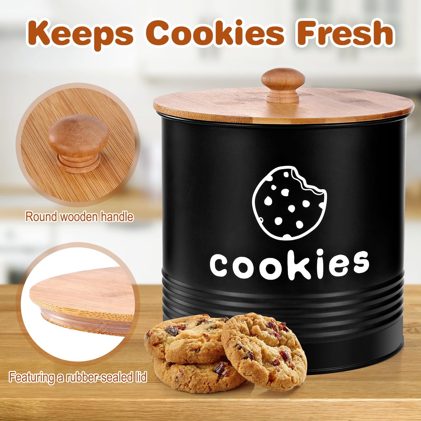 LUKMILEE Cookie Jars with Lids Airtight, Large Cookie Tins, 1.5 Gallons Cookie Jar for Kitchen Counter Decorative, Farmhouse, Christmas, Mother's Day Gift Cookie Storage Containers (Black)