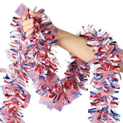 50 FT 4th of July Garland, Indoor & Outdoor Red White and Blue Patriotic Tinsel with American Flags, US Party Decor for Mantel, Stairs, Porch Railings, Golf Cart, Parade Float & America 250