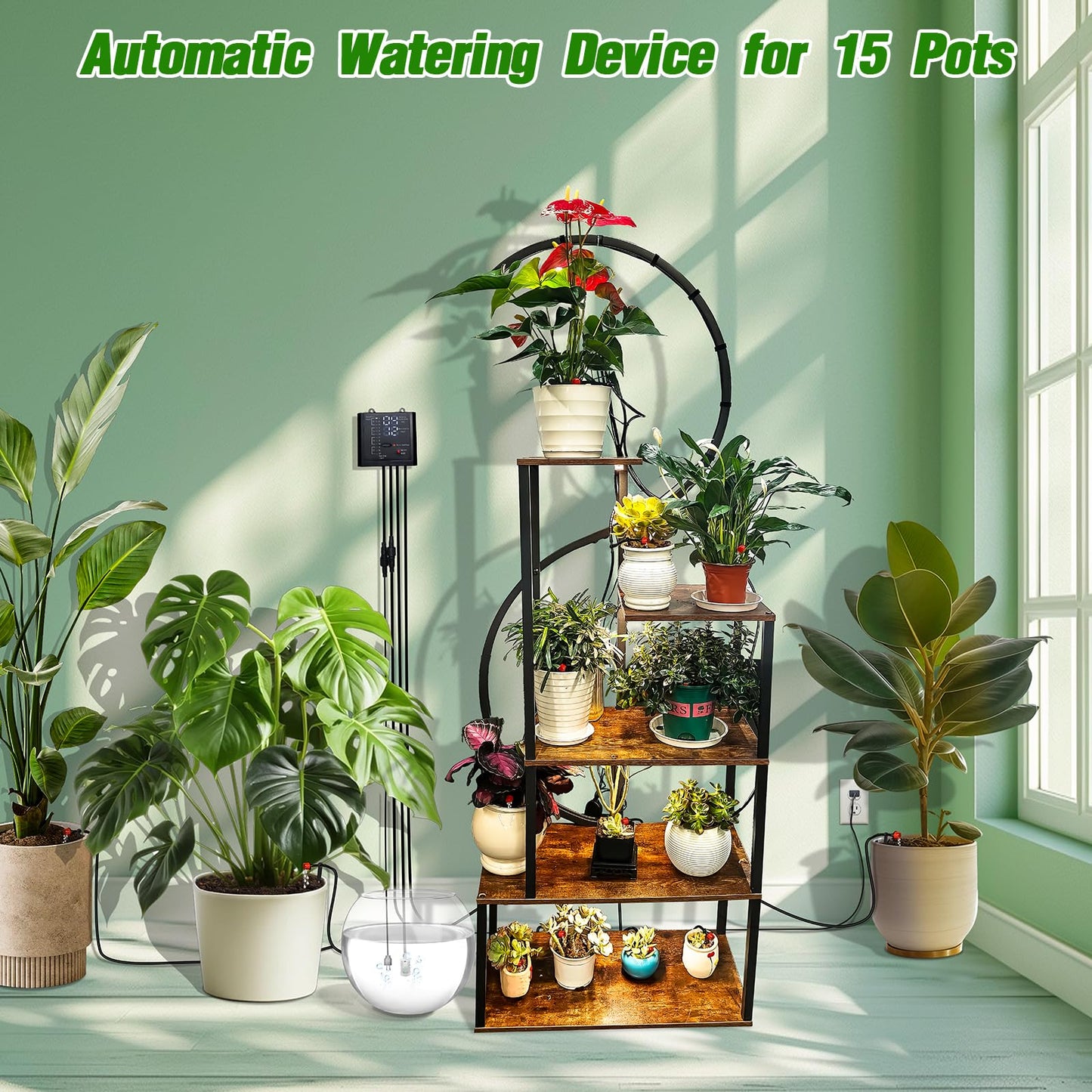 Automatic Plant Waterer Indoor, Drip Irrigation System for Potted Plants, Vacation Plant Self Watering Device, Drip Timer Auto Watering for Housplants, Garden, Greenhouse (15 Pots, Adjustable Dripper)