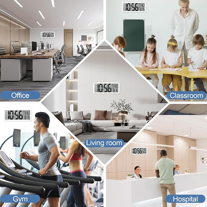 Atomic Clock 14.9" Digital Wall Clock Battery Operated Atomic Wall Clock Large Digital Alarm Clock with Day Date & Temperature for Wall Bedroom Living Room Classroom Home Office