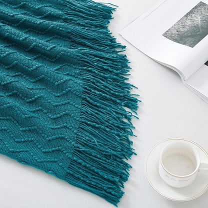BOURINA Throw Blanket Textured Solid Soft Sofa Throw Couch Cover Knitted Decorative Blanket, 60 inch x 80 inch Teal