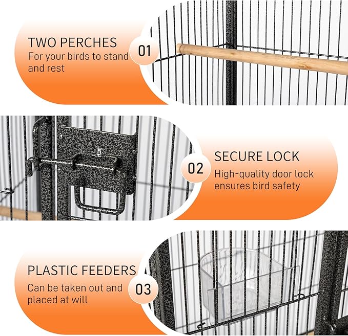 VINGLI 53-inch Bird Cage with Wheels, Durable Wrought Iron Parakeet Cage with Slide Out Tray, Black Bird Cages for Parakeets/Lovebird/Cockatiels/Budgies and Other Small/Medium Birds (Large-53 inch)