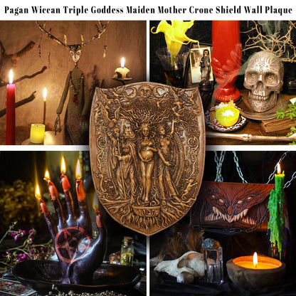 Pinra Triple Moon Wall Decor Pagan Wiccan Triple Goddess Maiden Mother Crone Shield Statue Celtic Wall Art Irish Feminism Gods Hanging Shield Wall Plaque Sculpture Khaki