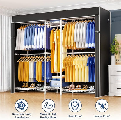 Ulif E12C Pro Heavy Duty Closet Organizer System，Freestanding Clothing Racks for Hanging Clothes，Adjustable Garment Rack 71"W x 16"D x 76.5"H Hold 960lbs，White Clothing Rack with Black Dustproof Cover