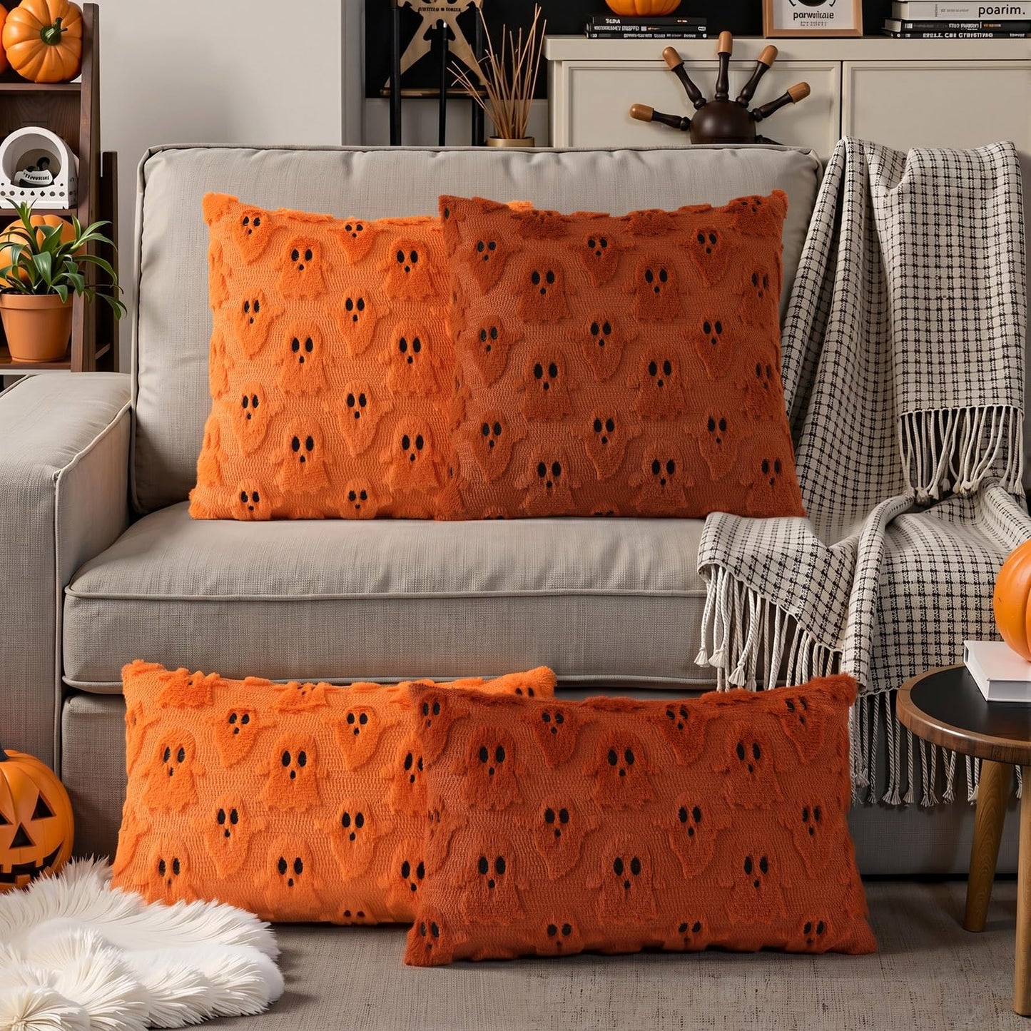 decorUhome Fall Halloween Ghost Pillow Covers 18x18 Inch Pack of 2 Soft Plush Faux Wool Textured Throw Pillow Covers Cute 3D Ghost Decorative Cushion Cases for Couch Sofa Bedroom Home Decor, Rust