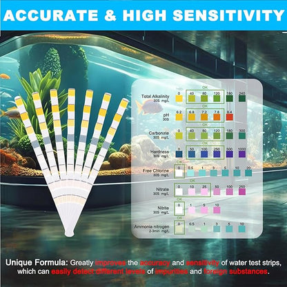 DaToo 8 in 1 Aquarium Test Kit Fish Tank Test Strips Accurate Water Quality Testing Strips for Ammonia PH Total Alkalinity Carbonate Hardness Free Chlorine Nitrate Nitrite Temperature (100 Strips)