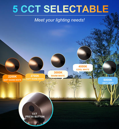 CLOUDY BAY 9W 5CCT LED Landscape Lighting Low Voltage (AC/DC 12V) Outdoor Spotlights with Spike Stand,Waterproof Pathway Lights,2200K/2700K/3000K/4000K/5000K Selectable,Pack of 4,Bronze