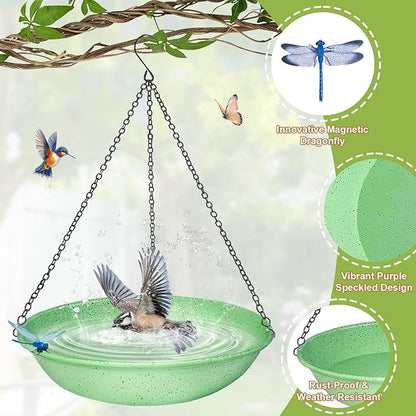 Hanging Bird Bath for Outdoors,11Inch Double Patchwork Birdbath Bowl Window Birds Feeder with 13.5 in Rust-Proof Black Chains Metal Hanging Birds Feeder for Garden Backyard Decor Green Speckled