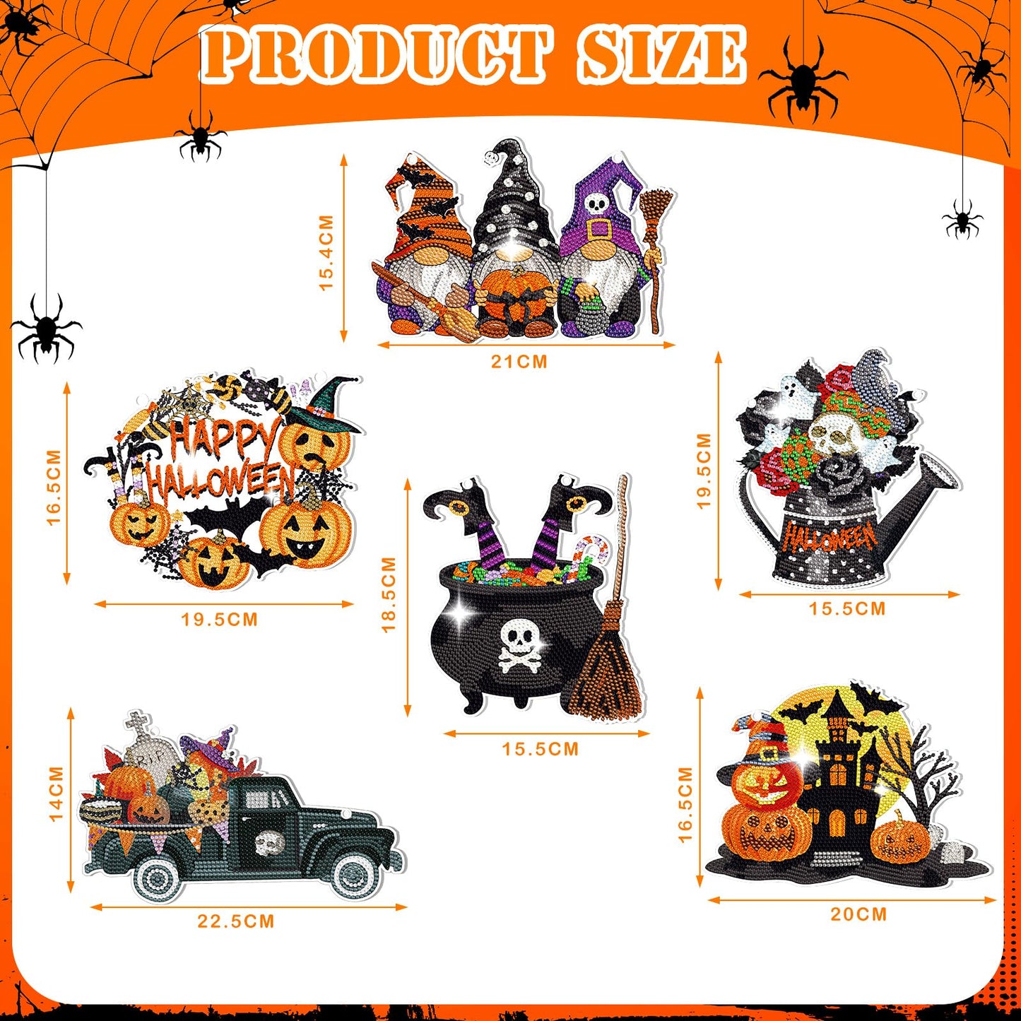 Chitidr 6 Pcs Halloween Diamond Painting Hanging Sign Set Witch Pumpkin Gnome Diamond Art Paint Arts Set 5D DIY Ornaments Kits for Halloween Wall Door Window Decor