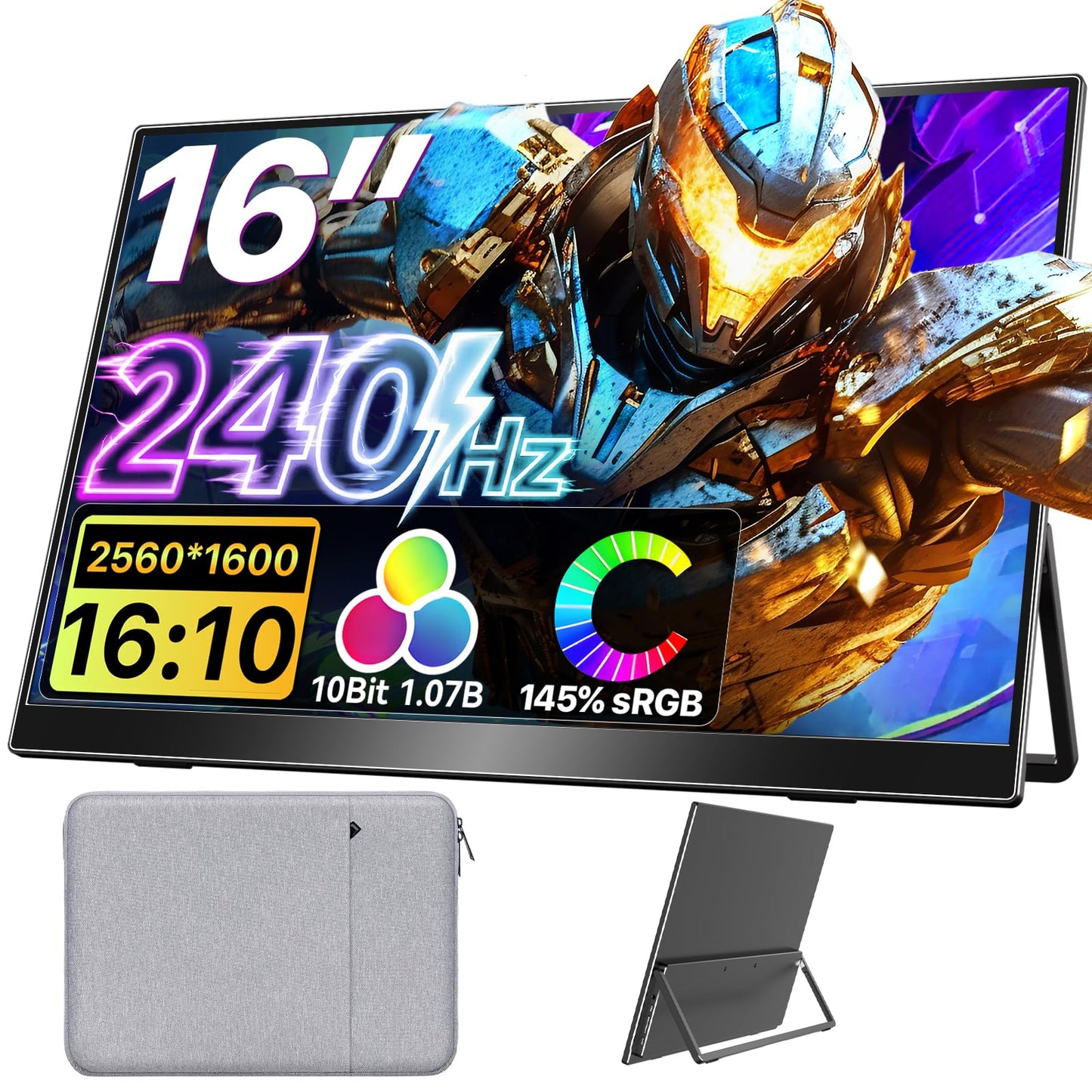 Upperizon Portable Monitor 16 inch 2K QHD 2560X1600 145% sRGB 240 Hz HDR HDMI USB-C Travel Monitor for Laptop MacBook PC Surface PS5 Xbox, External Display with Kickstand & Speakers, VESA Compatible