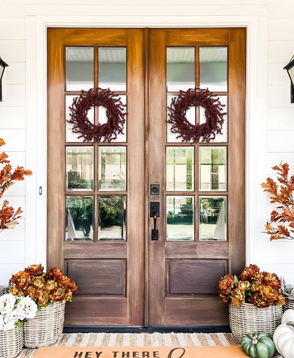 Briful 2 Pack Fall Berry Wreaths 12in Artificial Burgundy Foam Berry Wreath for Front Door Small Outdoor Fall Wreath for Autumn Home Wall Mantle Porch Thanksgiving Halloween Decor