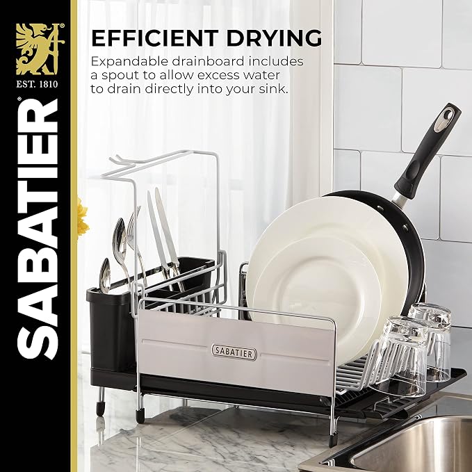 Sabatier Expandable Dish Drying Rack with Drainboard - Stainless Steel Dish Rack for Kitchen Counter, Stemware Holder and Utensil Caddy Included