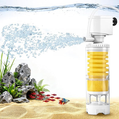 Fish Tank Filters for 10-20 Gallon Tank, 4-in-1 Aquarium Filter with Multi-Layer Filtration, Adjustable Oxygenation & Wavemaker, Impurity Separation