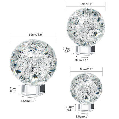 ZEERSHEE 3pcs Clear Ice Crack Glass Orb Set with Display Stands, 2.4"/3.1"/3.9" Decorative Art Spheres for Home Decor, Office Desk Accent, Bookshelf Styling and Gift Giving