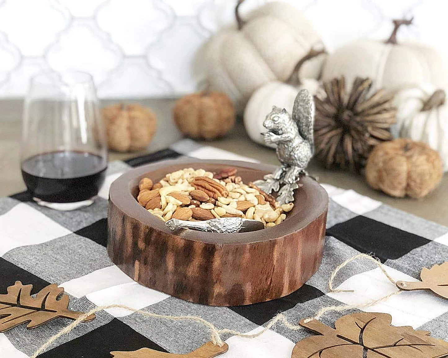 Vagabond House Wood Nut/Candy Bowl with Standing Pewter Squirrel and Metal Pewter Scoop 8 inch Diameter