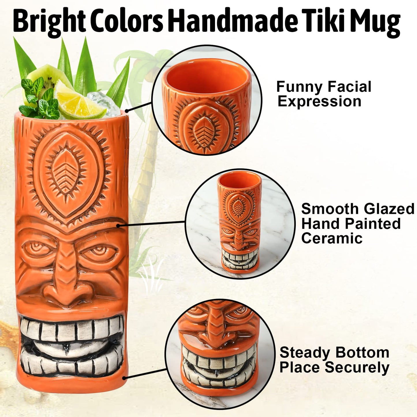 Tiki Mugs Set of 4 - Ceramic Tiki Glass Cocktail Cups, unique Cocktail Glasses, Bar Professional Hawaiian Mug and Halloween Christmas Party Barware
