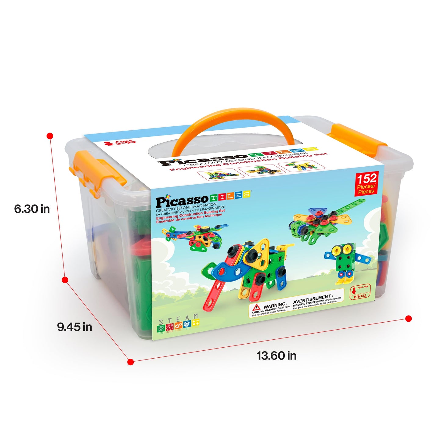 PicassoTiles 152pc STEM Construction Toy Building Set for Kids Ages 3+ Includes Power Drill, Ratchet, Idea Book, Storage Box Educational Engineering Science Kit & Sensory Toys for Boys & Girls PTN152
