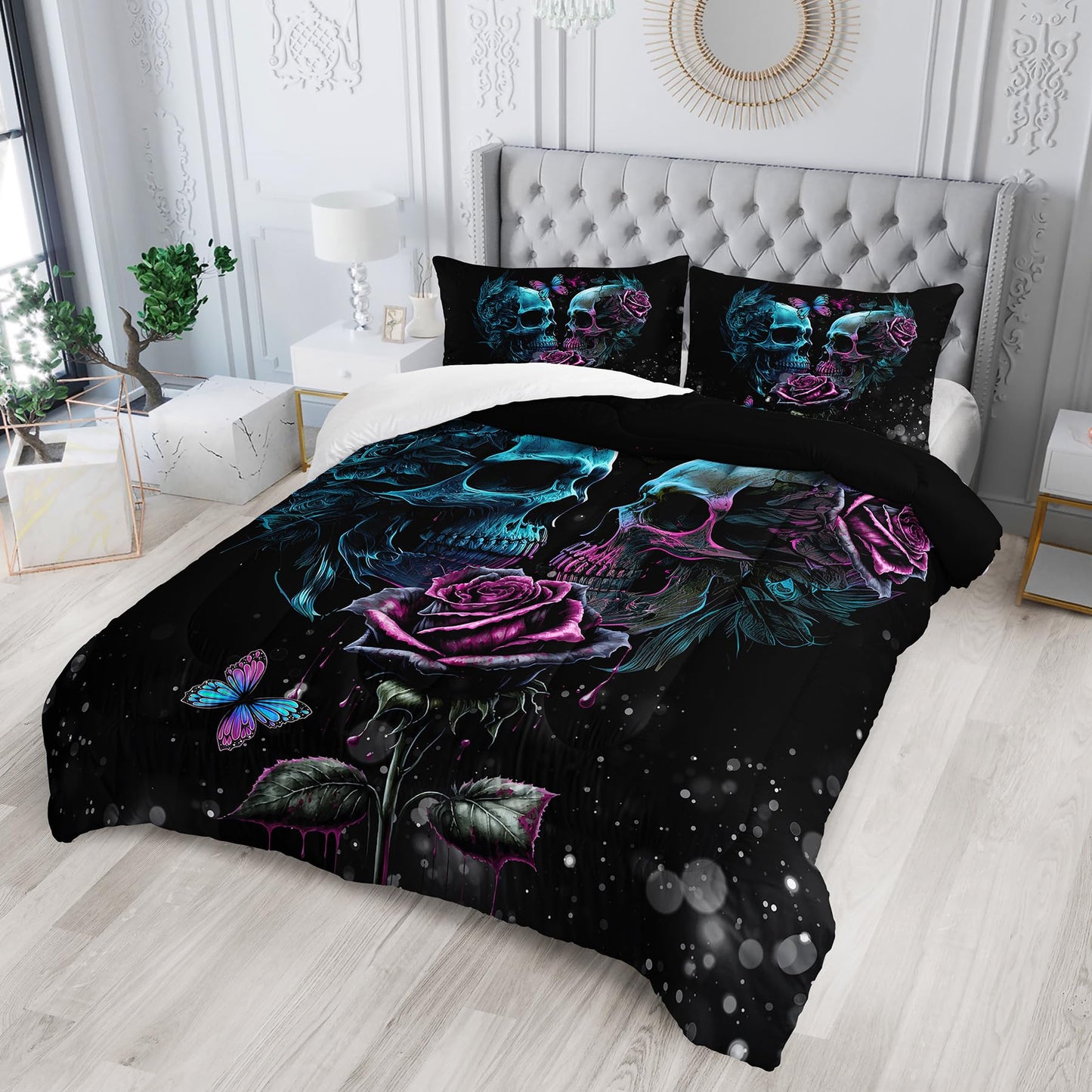 Tuzaovy Skull Bedding Set Queen Size,Goth Bedding Sets Queen with Comforter,Skull Comforter Set,Rose Comforter Halloween Skull Bed Comforter,Black Bedding Skull Quilt