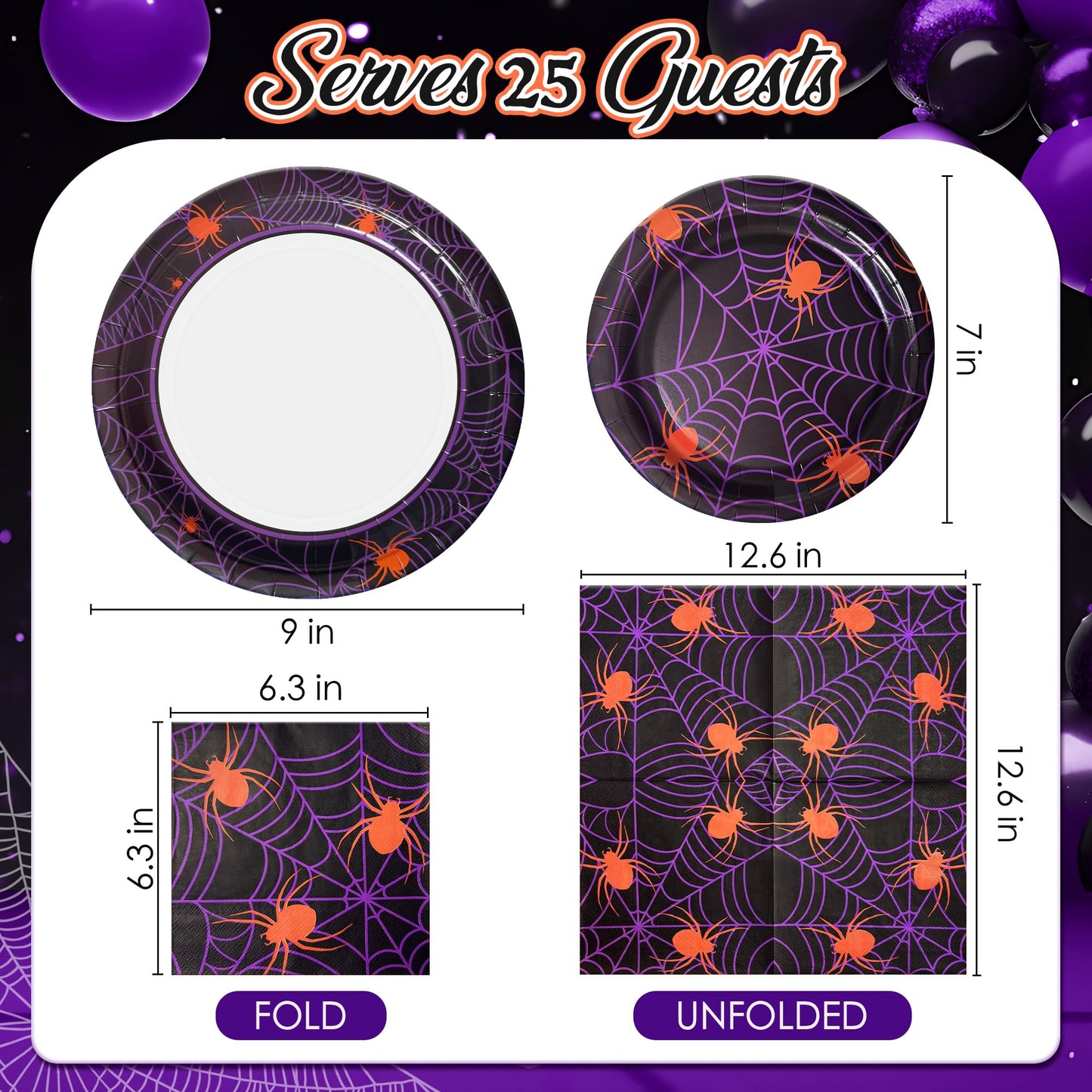 Watch Me Fly 75pcs Spider Party Supplies - Disposable Spider Web Paper Plates & Napkins (25pcs 9" & 7" Plates, 25pcs Napkins) for Birthdays, Halloween, Birthday, and Parties Decoration
