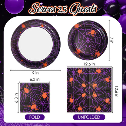 Watch Me Fly 75pcs Spider Party Supplies - Disposable Spider Web Paper Plates & Napkins (25pcs 9" & 7" Plates, 25pcs Napkins) for Birthdays, Halloween, Birthday, and Parties Decoration