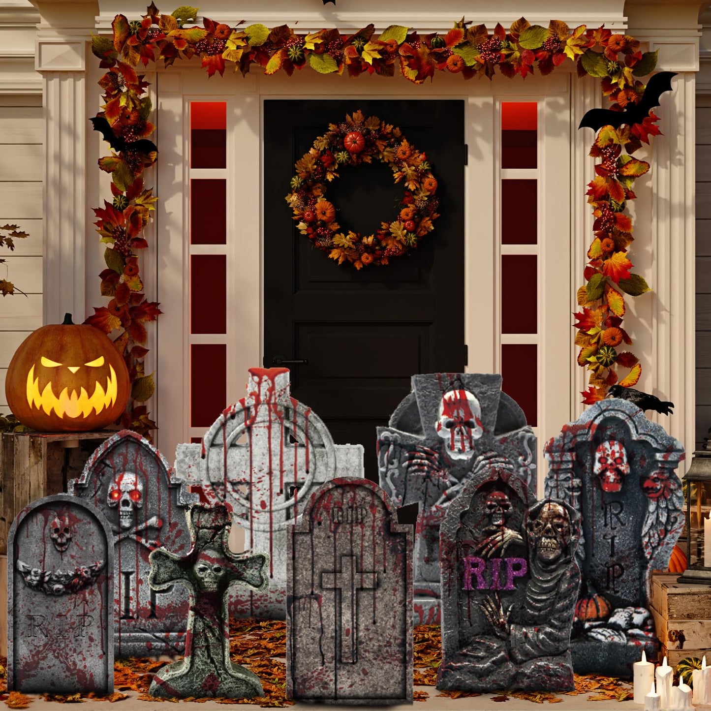 EggSun 10 Styles Halloween Large Tombstone Gravestones Yard Stakes Decorations 17IN Headstone Outside Signs with Stakes for Halloween Scary Spooky Patio Lawn Yard Garden Cemetery Outdoor Decors