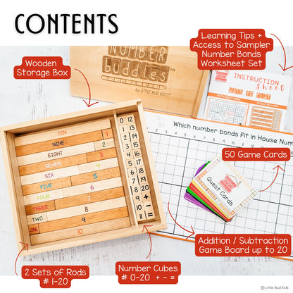 LITTLE BUD KIDS House of Number Buddies Math Game, a Number Bonds Math Toy with Counting Rods and Addition & Subtraction Flash Cards, a Montessori Material for Kids 4-8 Years Old