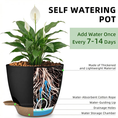 Hylitong Plant Pots 8/7.5/7/6.5/6 Inch Self Watering Pots,5 Pack Planters with Drainage Holes and Saucers,Plastic Flower Pots,Nursery Planters for Indoor Outdoor Plants (Black)