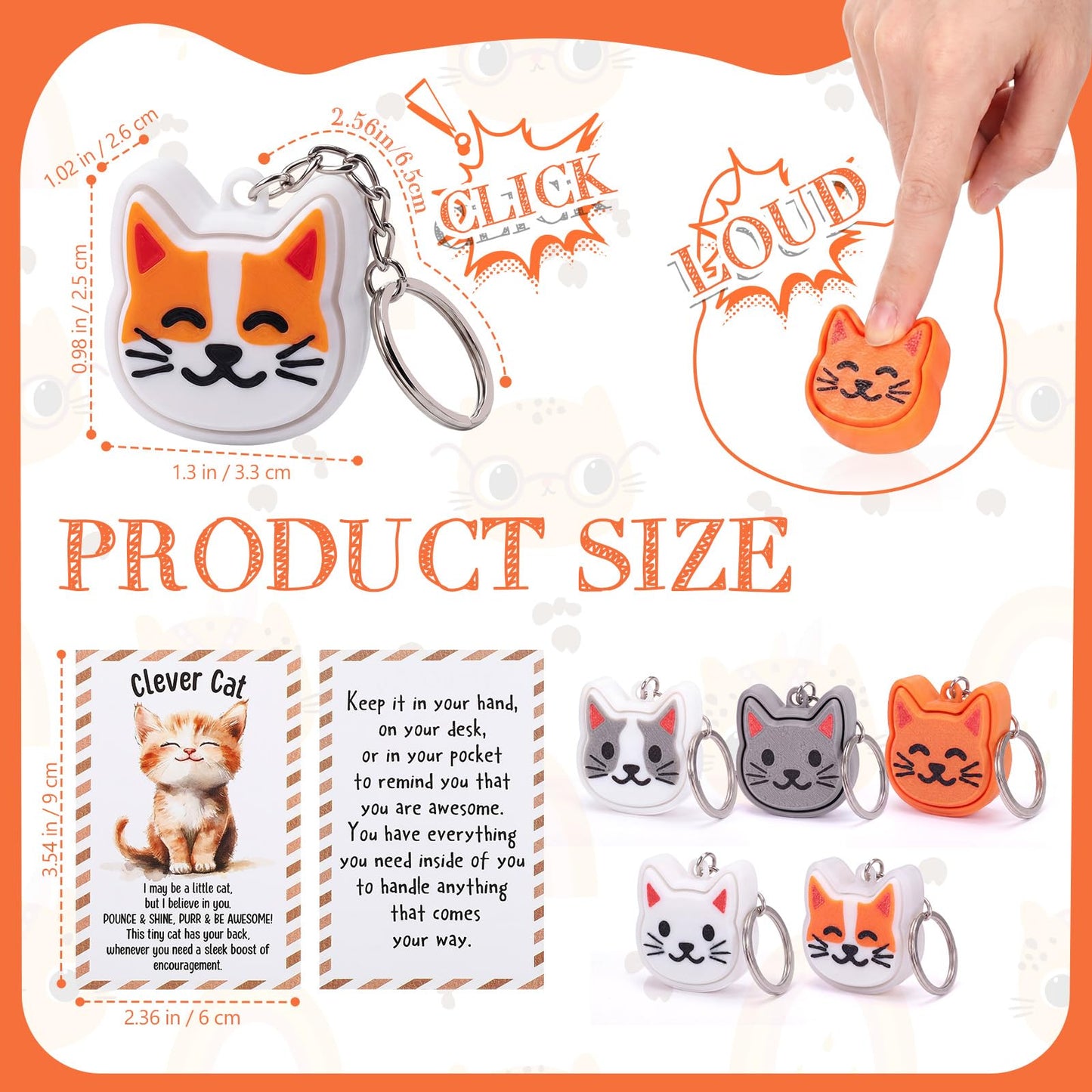 Junkin 25 Set Cat 3D Printed Clicker Fidget with Cards Funny Stress Relief Key Rings Gift Luggage Backpack Charm Gifts for Cat Lover Baby Shower Cats Themed Party Decorations