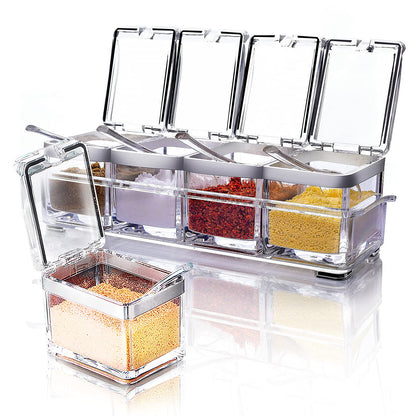 Acrylic Seasoning Box Set, 4 Piece Clear Premium Quality Storage Rack Spice Pots Condiment Jars for Salt Sugar Cruet Kitchen Organization Containers with Cover and Spoon