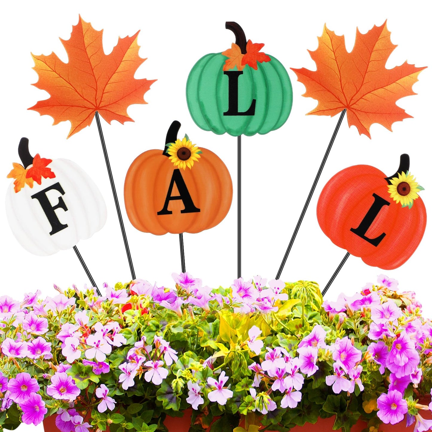 Anglechic 6 Pcs 12'' Fall Outdoor Decor Garden Stakes Fall Pumpkin Scarecrow Maple Leaves Metal Yard Sign Yard Stakes Outdoor Autumn Thanksgiving Decorations for Planter Lawn Patio Walkway Porch