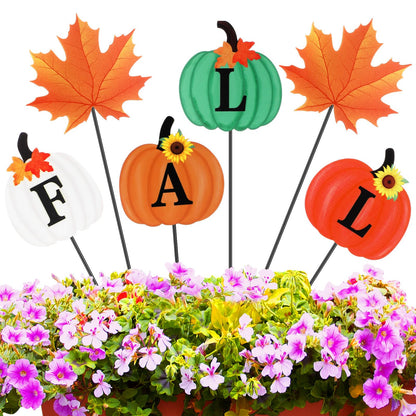 Anglechic 6 Pcs 12'' Fall Outdoor Decor Garden Stakes Fall Pumpkin Scarecrow Maple Leaves Metal Yard Sign Yard Stakes Outdoor Autumn Thanksgiving Decorations for Planter Lawn Patio Walkway Porch