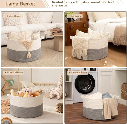 OIAHOMY 115L Extra Large Blanket Basket for Living Room, 23.6" x 15.4" Woven Cotton Rope Laundry Basket for Organizing Pillows, Decorative Stuffed Animal Toy Storage for Nursery, White and Light Grey