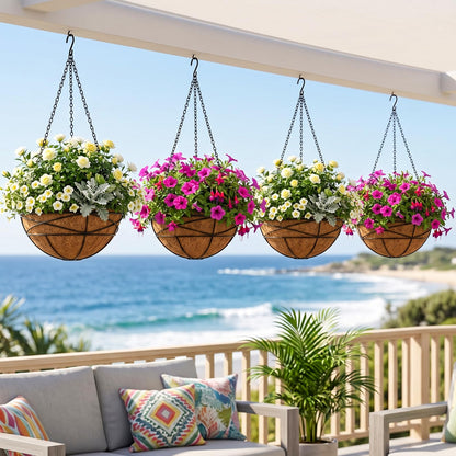 Karlliu 4 Pack 12 Inch Hanging Planters for Outdoor Plants Metal Watering Flower Baskets with Coco Liner for Outside Panting Plant Holder Pot for Home Garden Porch Balcony Railings Decor