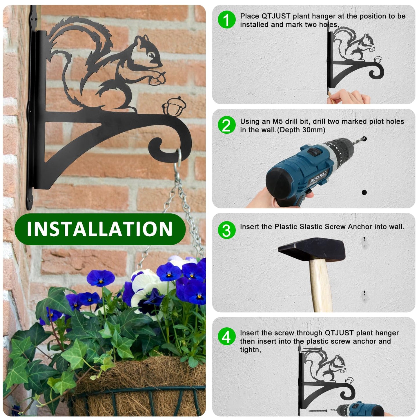 ATKKE Hanging Plant Bracket Hangers Indoor Iron Wall Mount,11” Squirrel Silhouette Ornamental Iron Hangers Hookers for Flower Pot Lantern Bird Feeder Wind Chimes