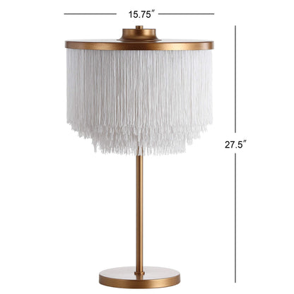JONATHAN Y 27.5" Gold 2-Light Fringed Metal LED Table Lamp, Contemporary Glam Desk Lamp with White Tassel Shade for Living Room, Bedroom, LED Bulbs Included JYL9045A