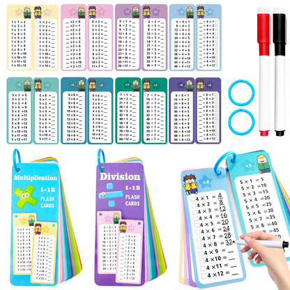 Anemeeoke 30Pack Multi Math Flash Cards, Multiplication Division Flashcard, with 2 Dry Erase Markers, 2 Rings, Educational Times Table Flashcards for Classroom Home