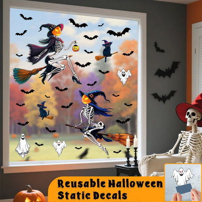 Halloween Window Decorations Decals Scary Skeleton Witches Window Stickers Double-Sided Bats Ghost Clings for Glass Removable Reusable Black Cat Static Decal for Indoor Outdoor Home Holiday Supplies