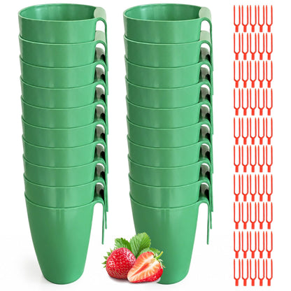 Ginwrek Strawberry Propagation Cups, 20 Pack Large Plastic Plant Cups with 50 Runner Forks Breathable Pots for Berry Plant Rooting, Space-Saving Hanging Design, S
