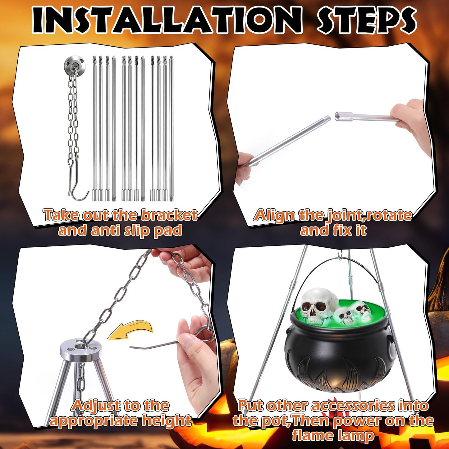 WinnerWhy 11 Pcs Large Witches Cauldron Halloween Decor Set Cauldron on Tripod with Spider Webs Fake Fire String Lights Skulls for Halloween Indoor and Outdoor Party Supplies