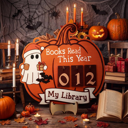 Sabary Pumpkin Books Read This Year Counter Cute Ghost Reading Book Sign Adopt a Ghost Reading Tracker Sign for Bookshelf Decor Halloween Gifts for Book Lovers Bookshelf Decor Wall Art