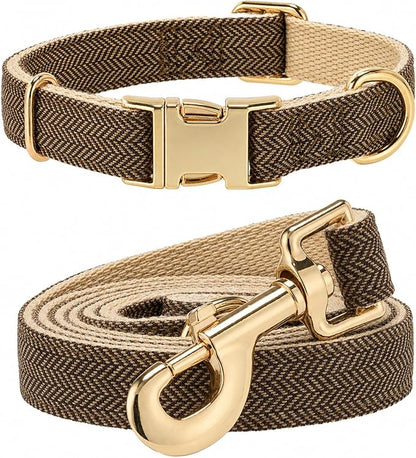 Herringbone Tweed Dog Collar and Leash Set for Medium Dogs, Grey-Brown | Snag-free, no-rub design. Soft breathable cotton, gentle on fur. Adjustable durable matching combo for walks & outdoors.