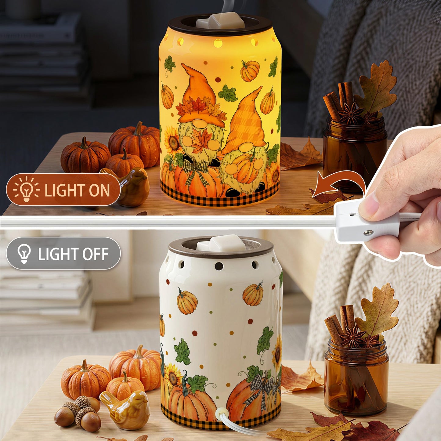 Bonsai Tree Fall Decorations for Home, Gnome Fall Wax Warmer, Autumn Ceramic Wax Melts Warmer for Oil Candle, Pumpkin Decor for Living Room Bathroom Home, Farmhouse Housewarming Gifts