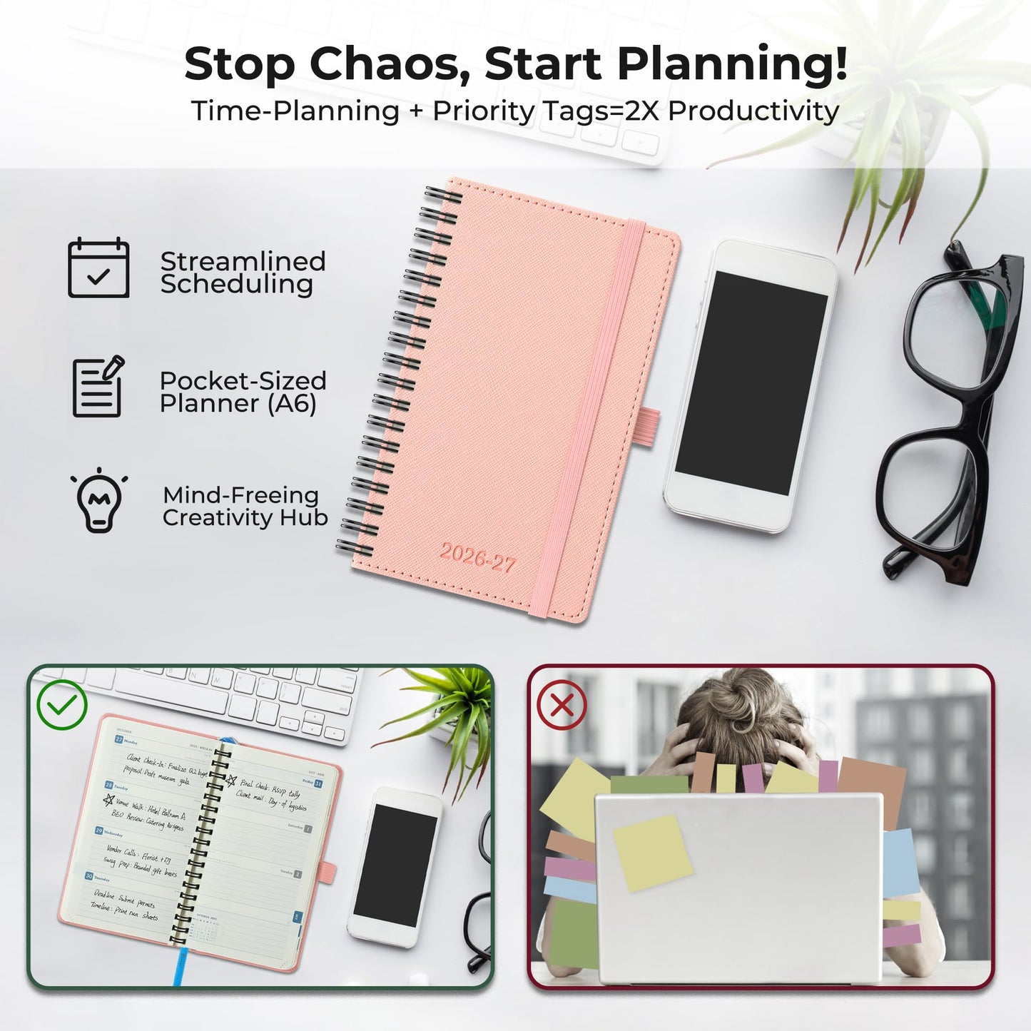 IN-LUXPRO Planner 2026-2027 Daily Weekly and Monthly,6.5"x3.75",18 Months Spiral Bound Calendar Agenda with Self-adhesive Pen Holder,2026 Academic Plan with Vegan Leather Soft Cover,Pink