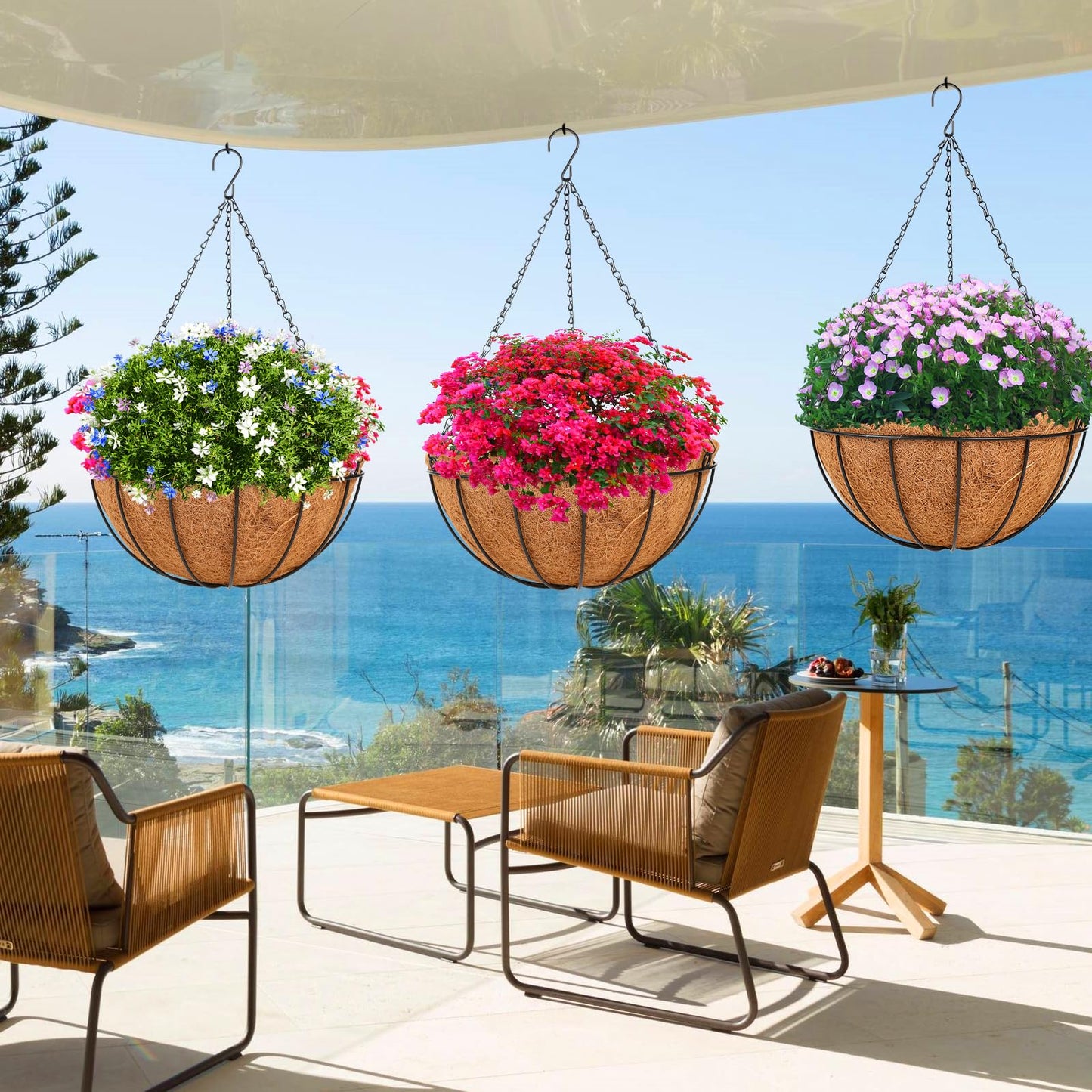 HKZ Hanging Basket Planter Plants Outdoor - 4 Pack 10 Inch Metal Hanging Planter with Coco Liners, Chain Hook Hanging Flower Pots for Indoor Outdoor Garden Porch Decoration