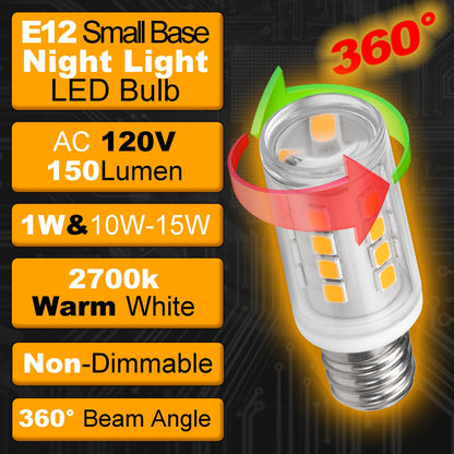 Hylroe E12 LED Candelabra Base Night Light Bulb 1 Watt Equivalent 10W 15W, AC120V 150lm 2700K Warm White C7 E12 Small Bulbs for Salt Lamp Appliance Bulb Decorative String Lights, Non-dimmable, 4 Pack