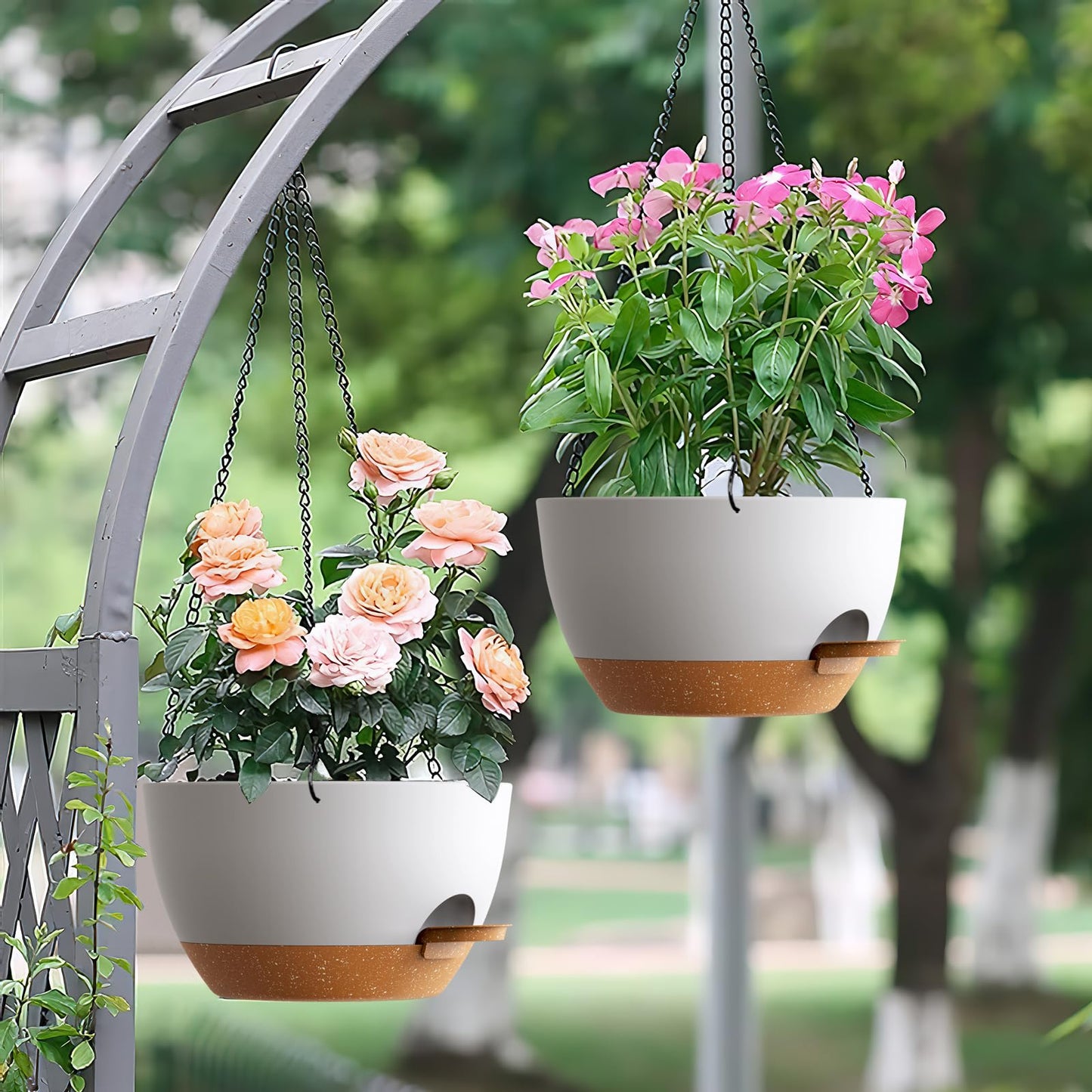 UOUZ Set of 3-10 Inch Self Watering Hanging Planters for Indoor Outdoor，Hanging Plant Pots with Drainage & Removable Tray, Hanging Pots Holder for Pothos Plant, Ferns, Balcony & Patio,White with Brown