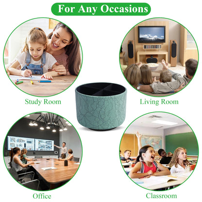 Lvkjafaz Round Leather Art Supply Organizer,Remote Control Holder,360 Degree Spinning,Multi-Functional Pencil Holder,4 Compartments Desktop Stationary Organizer(1-Lace Flower Green2)