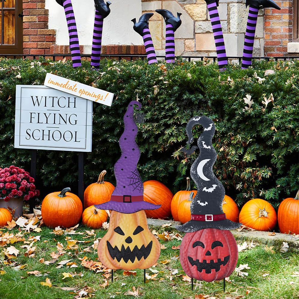 YEAHOME Halloween Decorations Outdoor, Set of 2 Pumpkin Garden Stakes with Witch Hats for Halloween Decor, Jack o' Lantern Metal Pumpkin Yard Signs for Outside Garden Lawn Patio Party Decorations