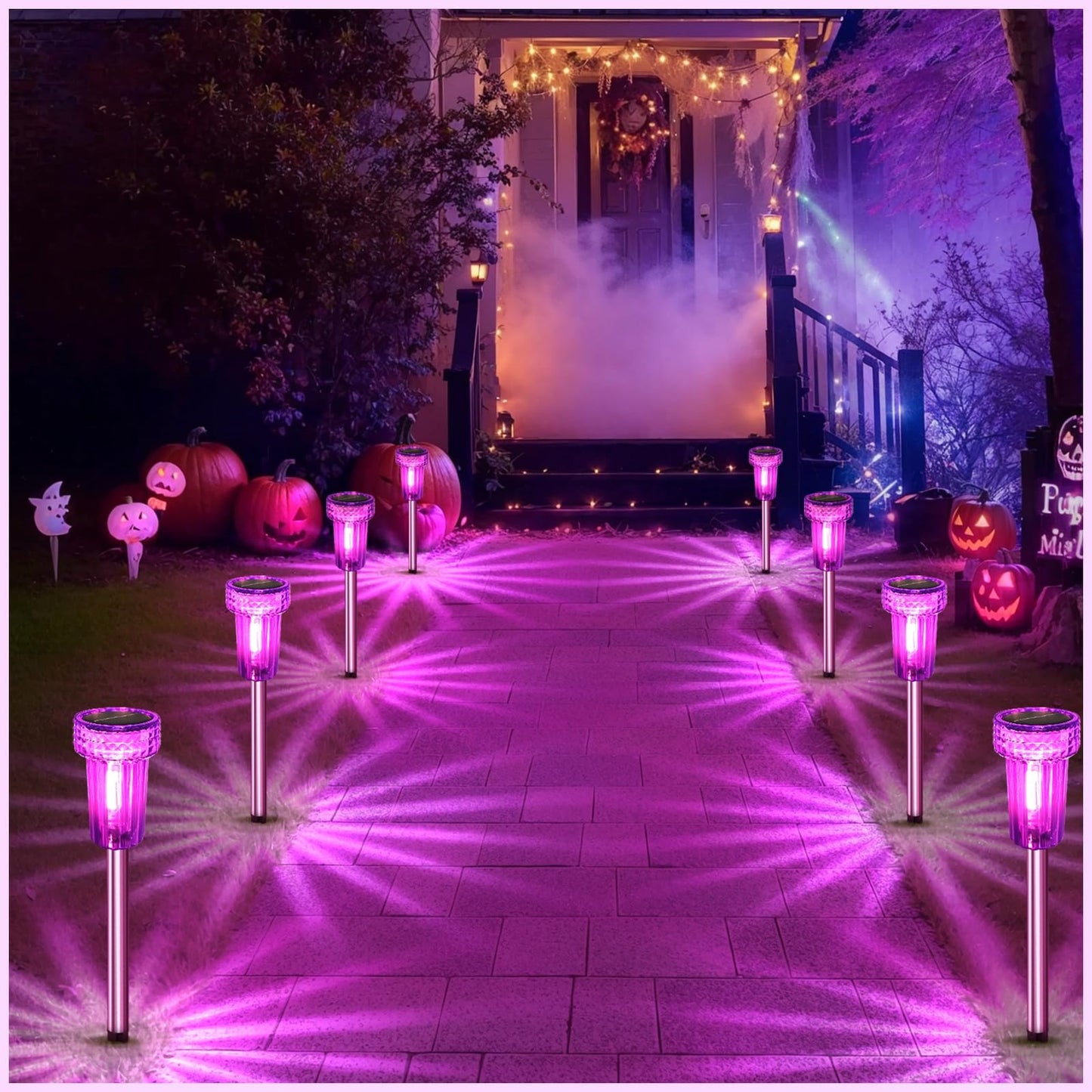 DERAYSION Halloween Solar Lights Outdoor Pathway Lights Purple LED Waterproof Yard Landscape Auto Dusk-to-Dawn Halloween Outdoor Path, Garden,Lamps for Festive Decoration 8 Pack