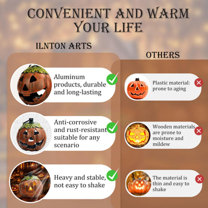 Linton Arts Cast Aluminum Jack O Lantern Candle Holder, Lighted Pumpkin Decor for Outside, Faux Pumpkin Lantern for Porch, Patio & Tabletop Halloween Decoration